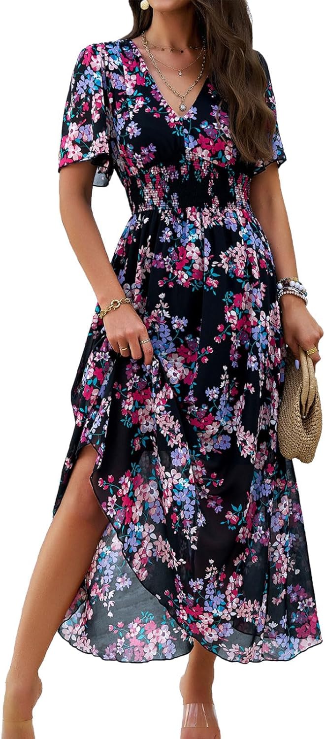 Rochie maxi pentru femei Jade cu flori – talie înaltă, decolteu în V, mâneci scurte, stil boem de vară