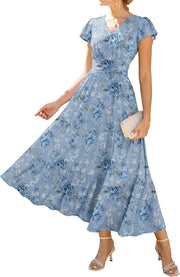 Sophie Women's Midi Floral Dress – V-Neck, Ruffle Sleeves, Fitted Waist, Pockets