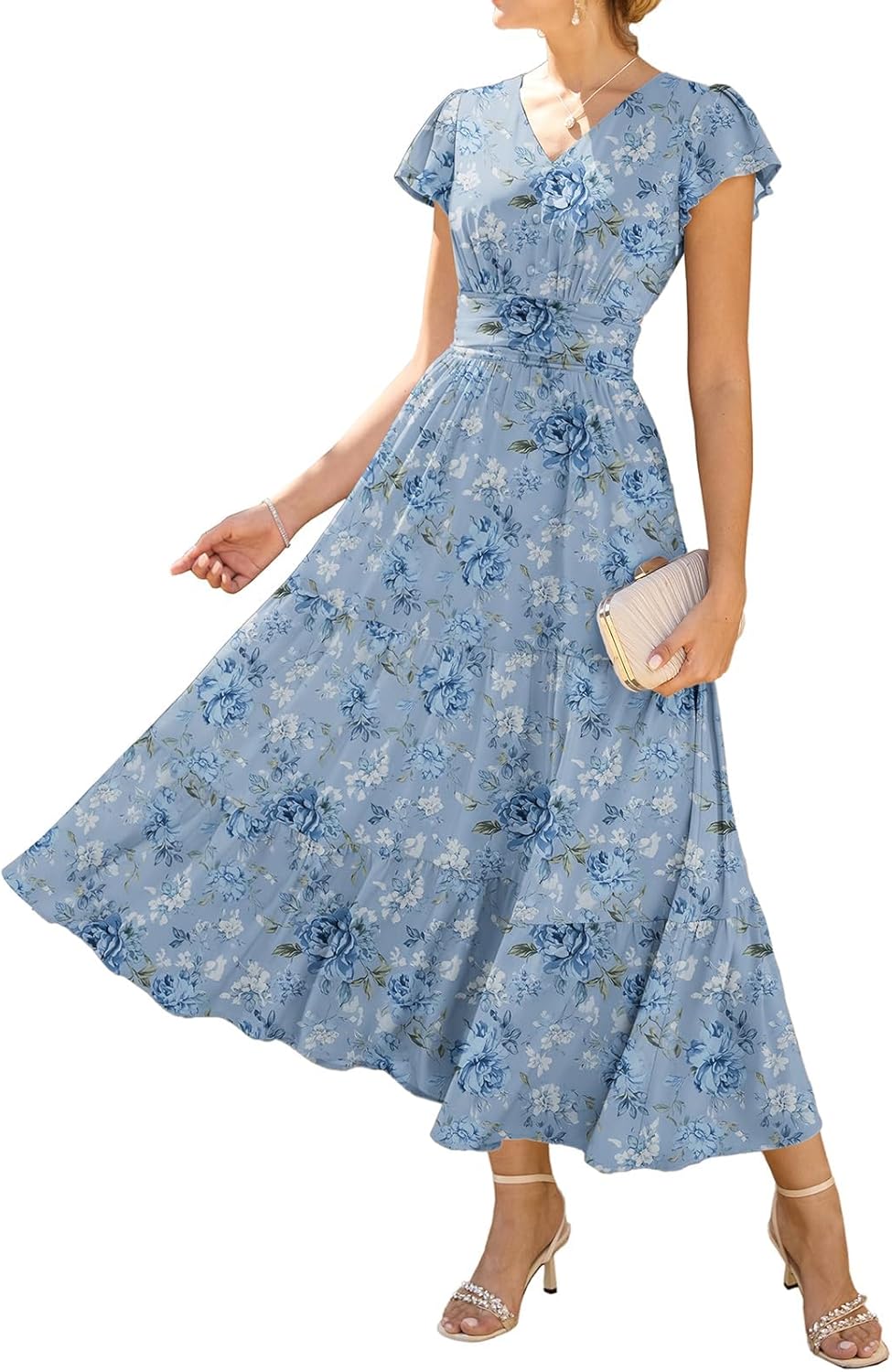 Sophie Women's Midi Floral Dress – V-Neck, Ruffle Sleeves, Fitted Waist, Pockets