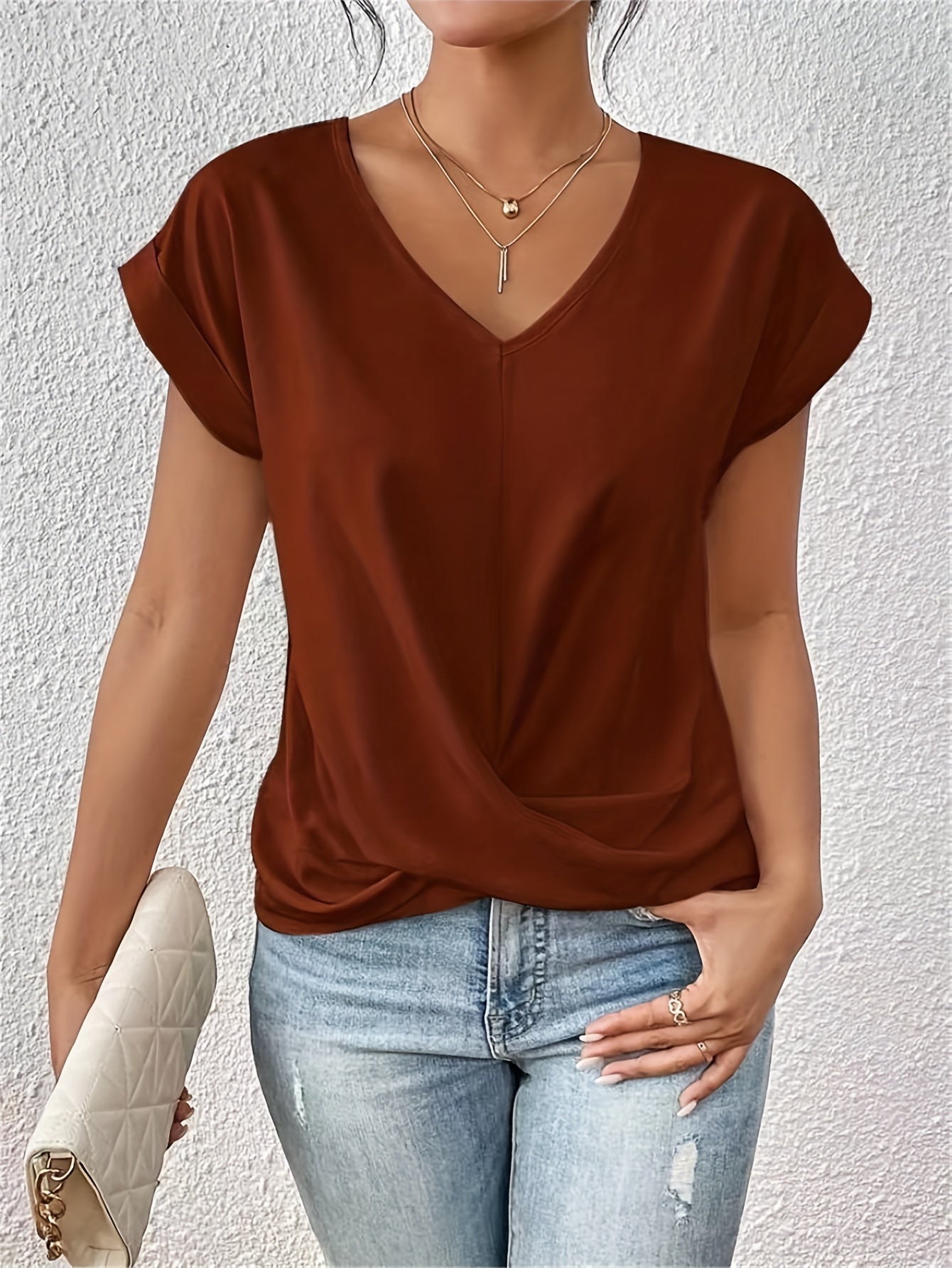 Yasmine Top Dámský – Výstřih do V s Detaily Uzlu, Elegantní Drapování a Pohodlný Střih