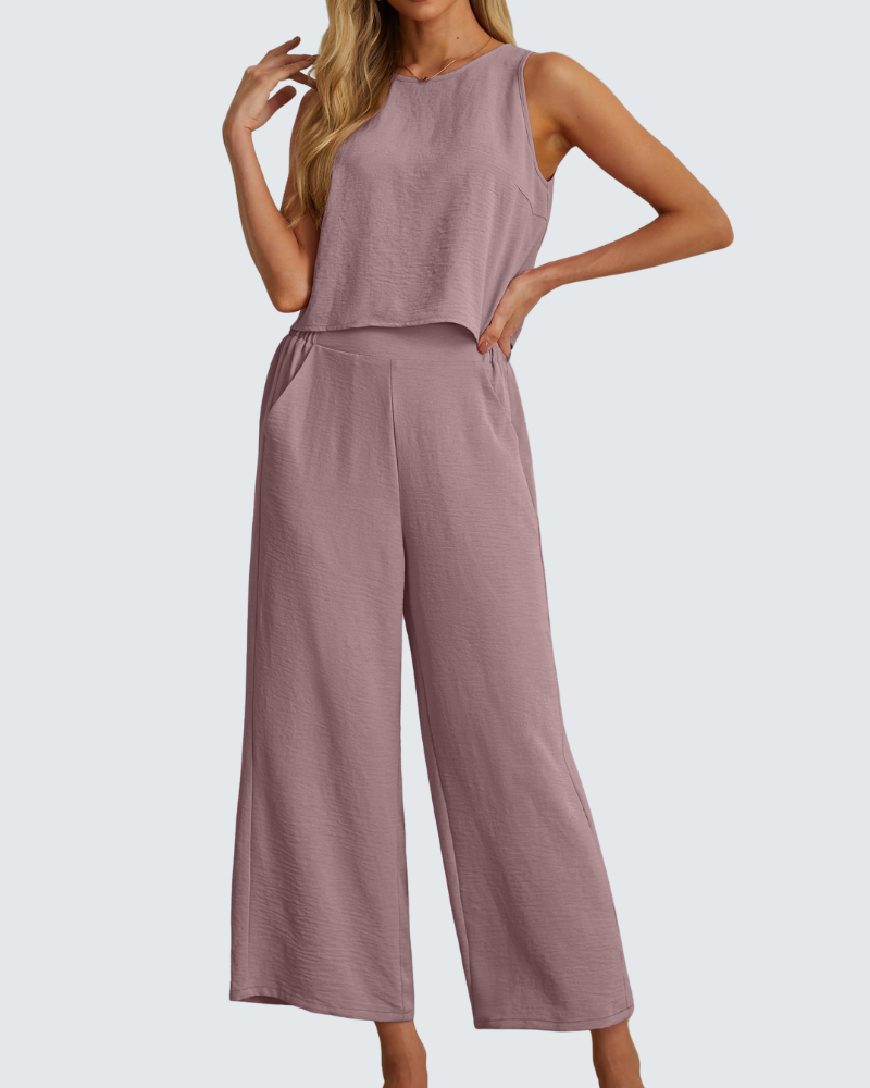Velly Women's Summer Set – Sleeveless Top & High-Waisted Wide-Leg Pants