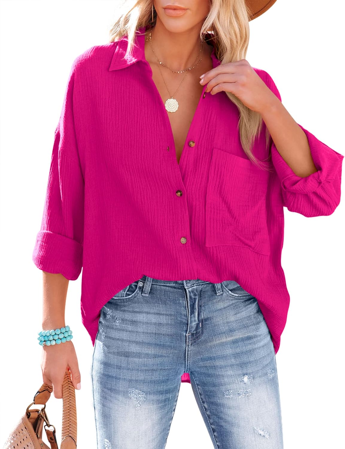 Claui Chemise Femme Coton – Col V, Boutonnée, Coupe Ample, Manches Longues