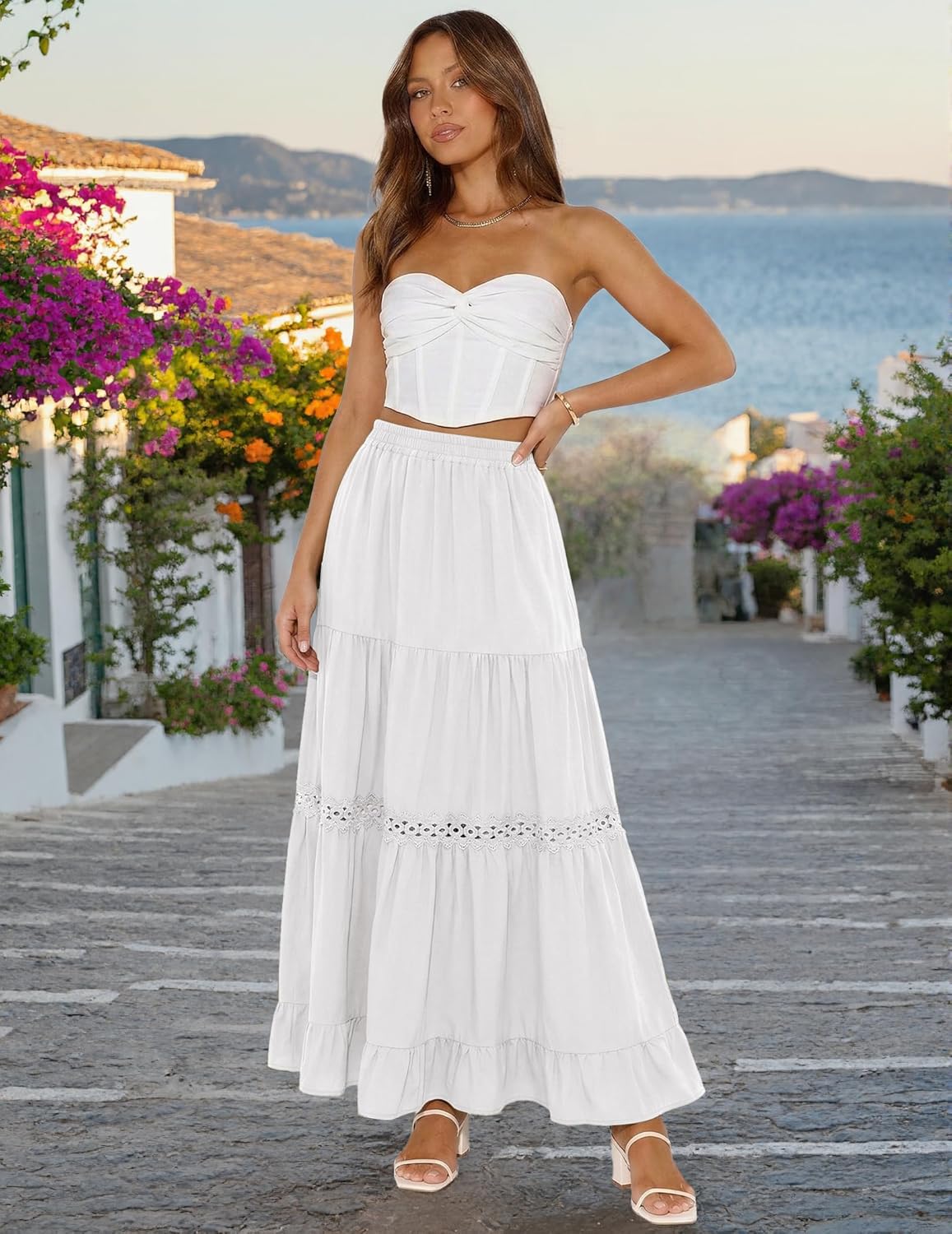 Edith Jupe Maxi Damen – Boho-Rock aus Baumwolle, Häkelspitze & Volants