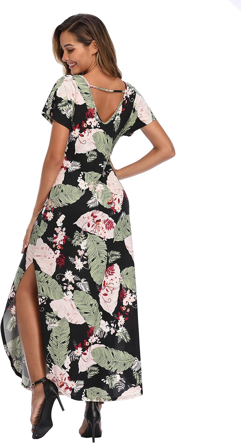 Sophie Robe Maxi Femme – Robe Fleurie Fendue Manches Courtes Avec Poches Été