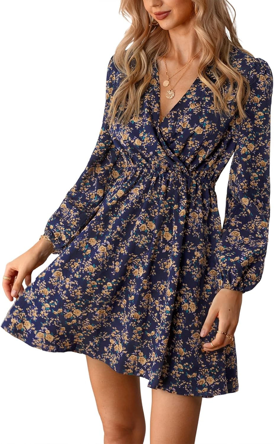 Lina Robe Femme Fleurie – Robe Mini Portefeuille Col V Manches Longues Élégante