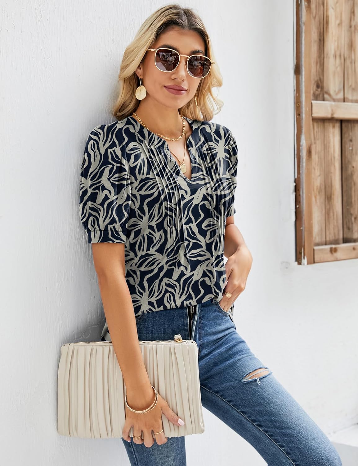 Sofia Haut Donna Scollo a V – T-shirt Fluida con Stampa Floreale, Maniche a Sbuffo e Dettagli Plissettati