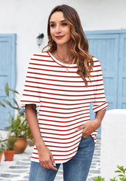 Josefina T-Shirt Damen Oversize – Rundhals, Aufgekrempelte Ärmel, Fließendes Top Sommer