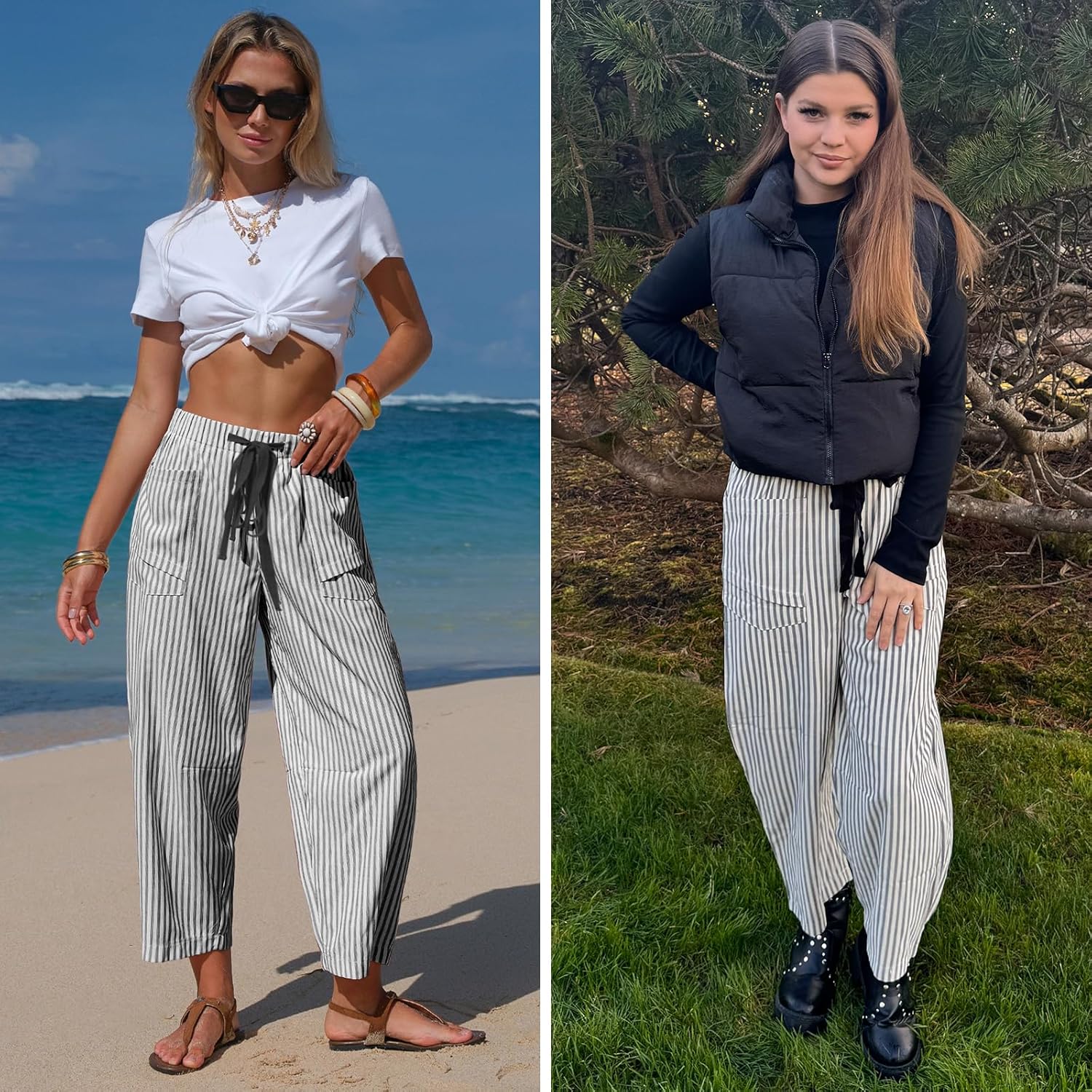 Laura Pantaloni damă din in cu dungi – croială largă Capri, talie elastică, ușori pentru vară