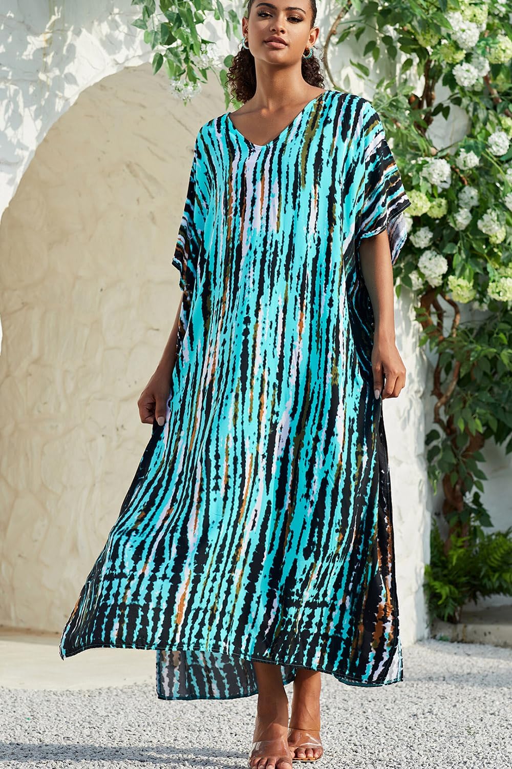 Isla Jurk voor dames – maxi kaftan, bohemien, V-hals, print, soepel vallend, strand, zomer