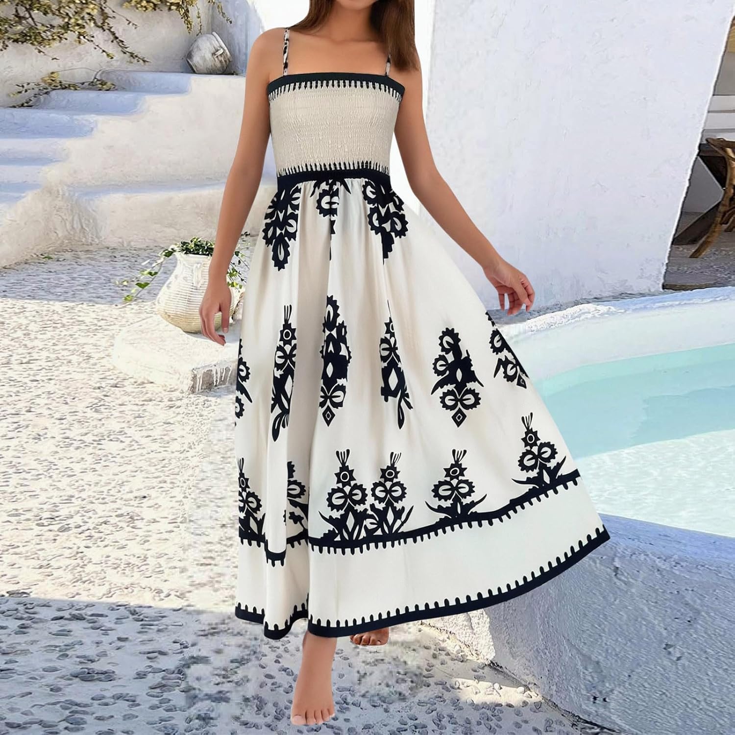 Amélie Damenkleid – Maxikleid im Boho-Stil mit gerafftem Quadrat-Ausschnitt, ärmellos, bedruckt, Sommer