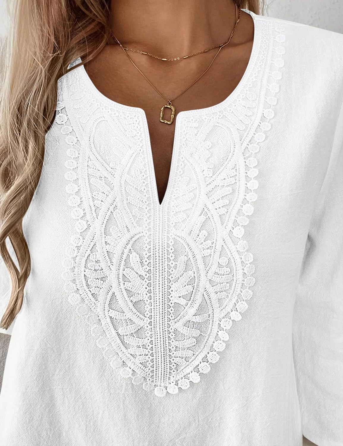 Brenda Damen Bluse Spitze – V-Ausschnitt, 3/4-Ärmel, Weite Passform Baumwolle Leinen Sommer