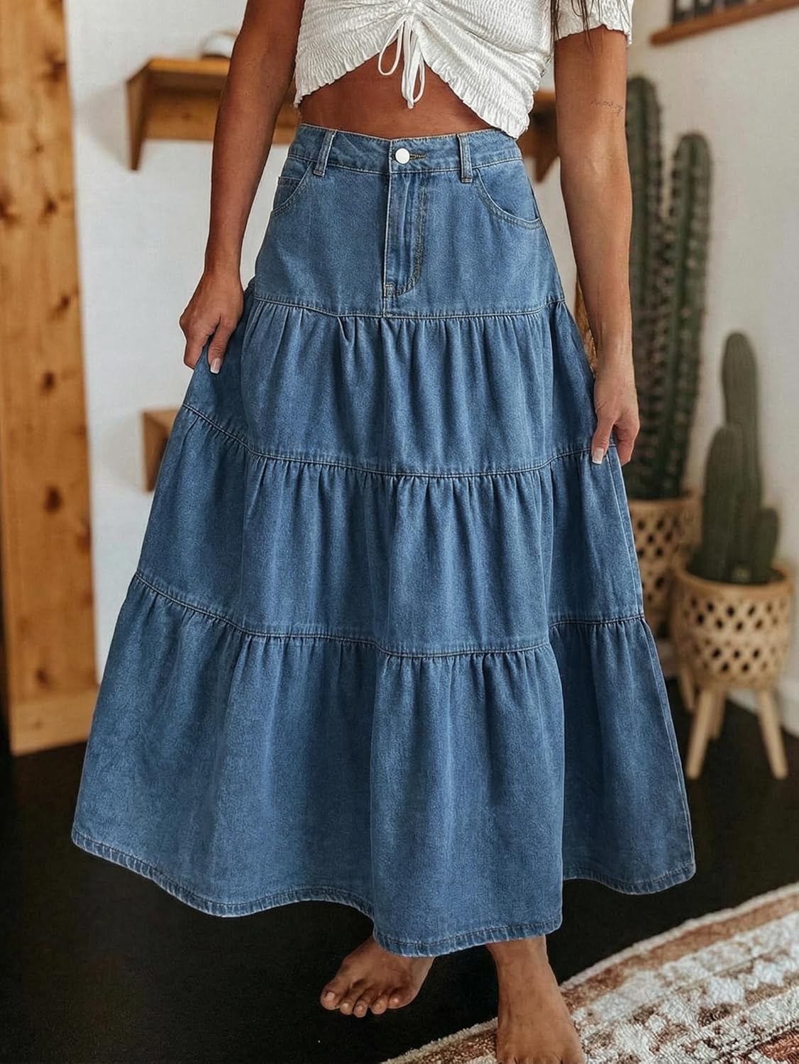 Verna Falda Vaquera para Mujer – Falda Maxi de Denim de Cintura Alta, Volantes y Bolsillos