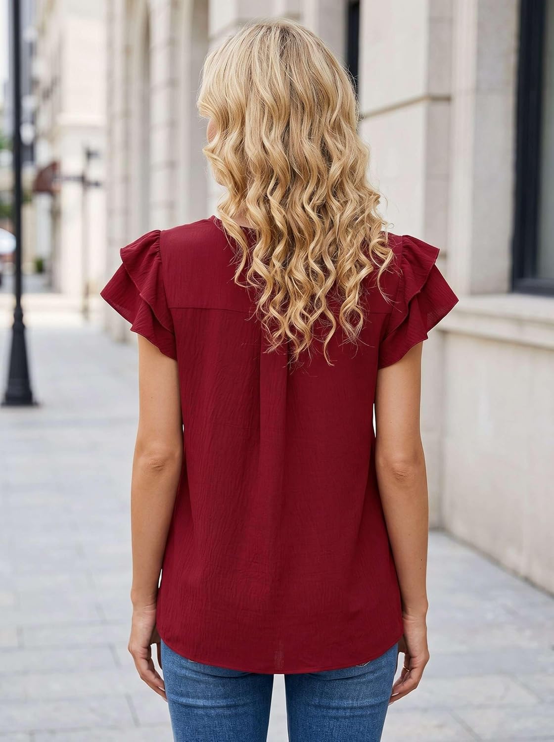 Camille Blouse Femme – Haut Col Montant Volants Élégant Manches Courtes Chic Été