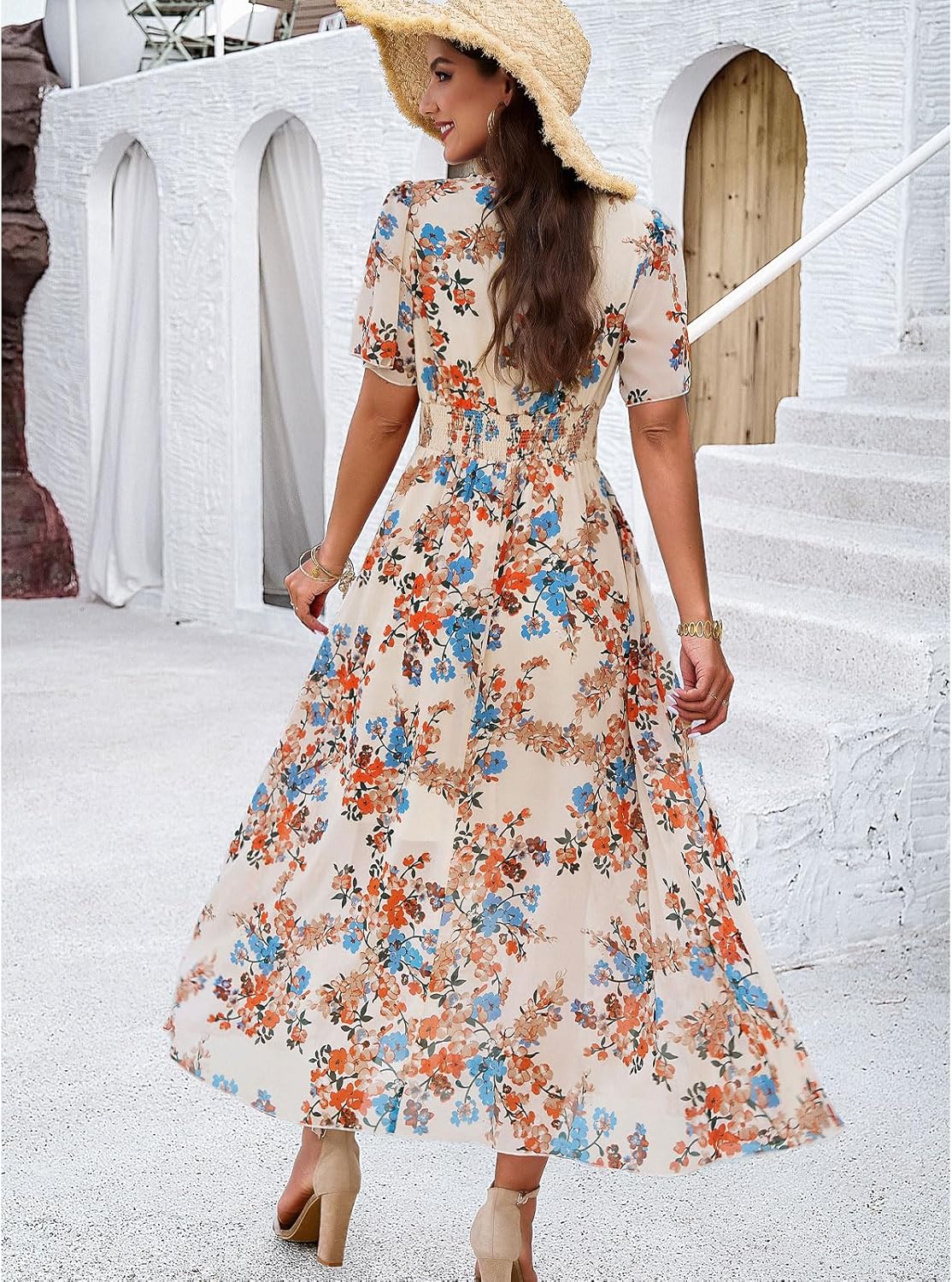 Vestido Dianne para mujer con flores – Cuello en V, mangas cortas, corte fluido, verano casual