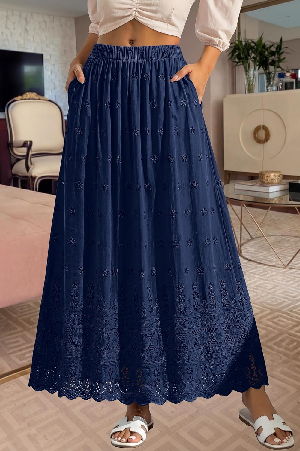 Marie Dowerme Gonna Maxi Donna – Vita Alta Elastico, Cotone Ricamato Boho A-Line