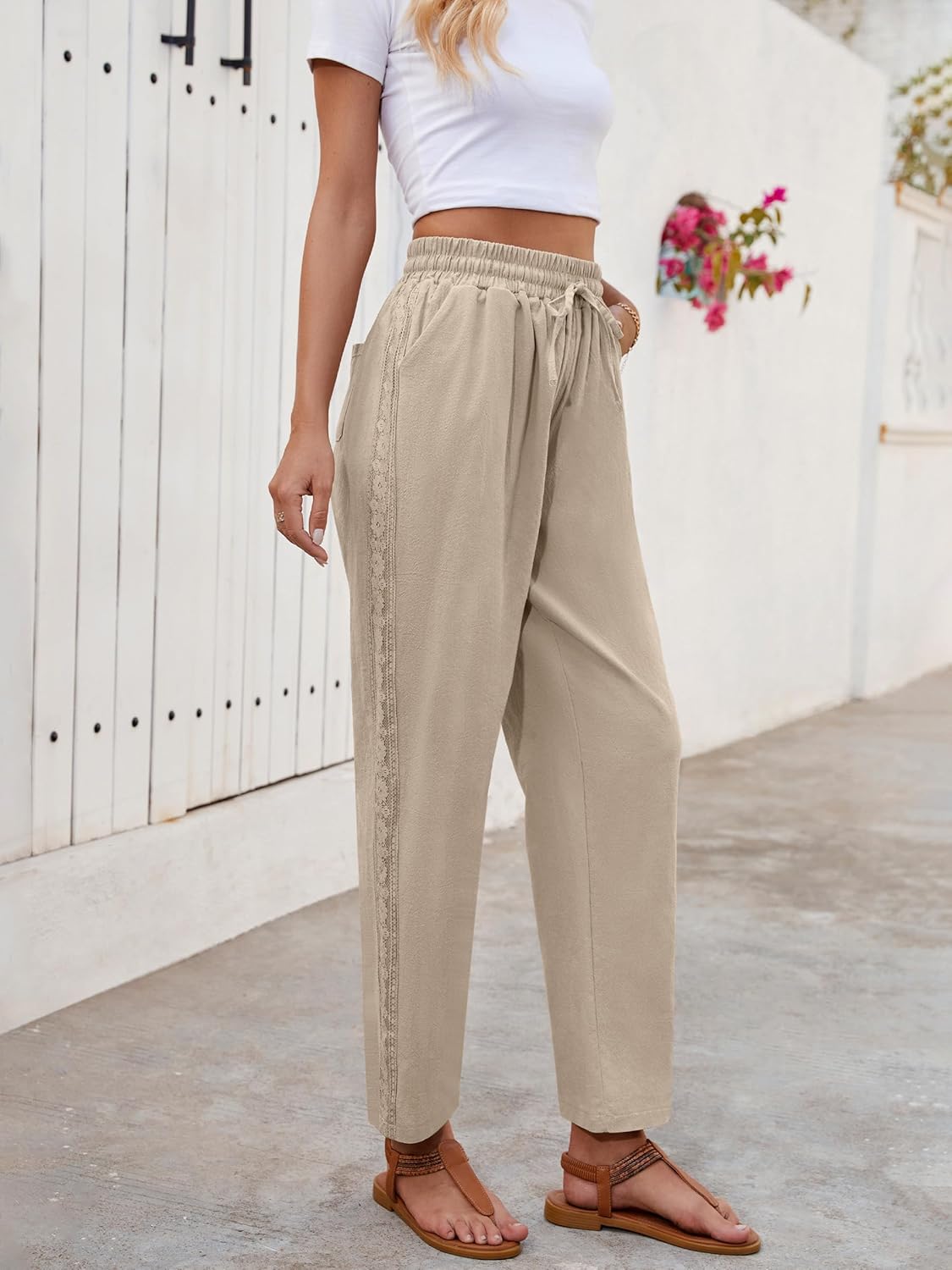Ysabel Pantalon damă din in Capri – Dantelă, croială largă, talie elastică, vară șic