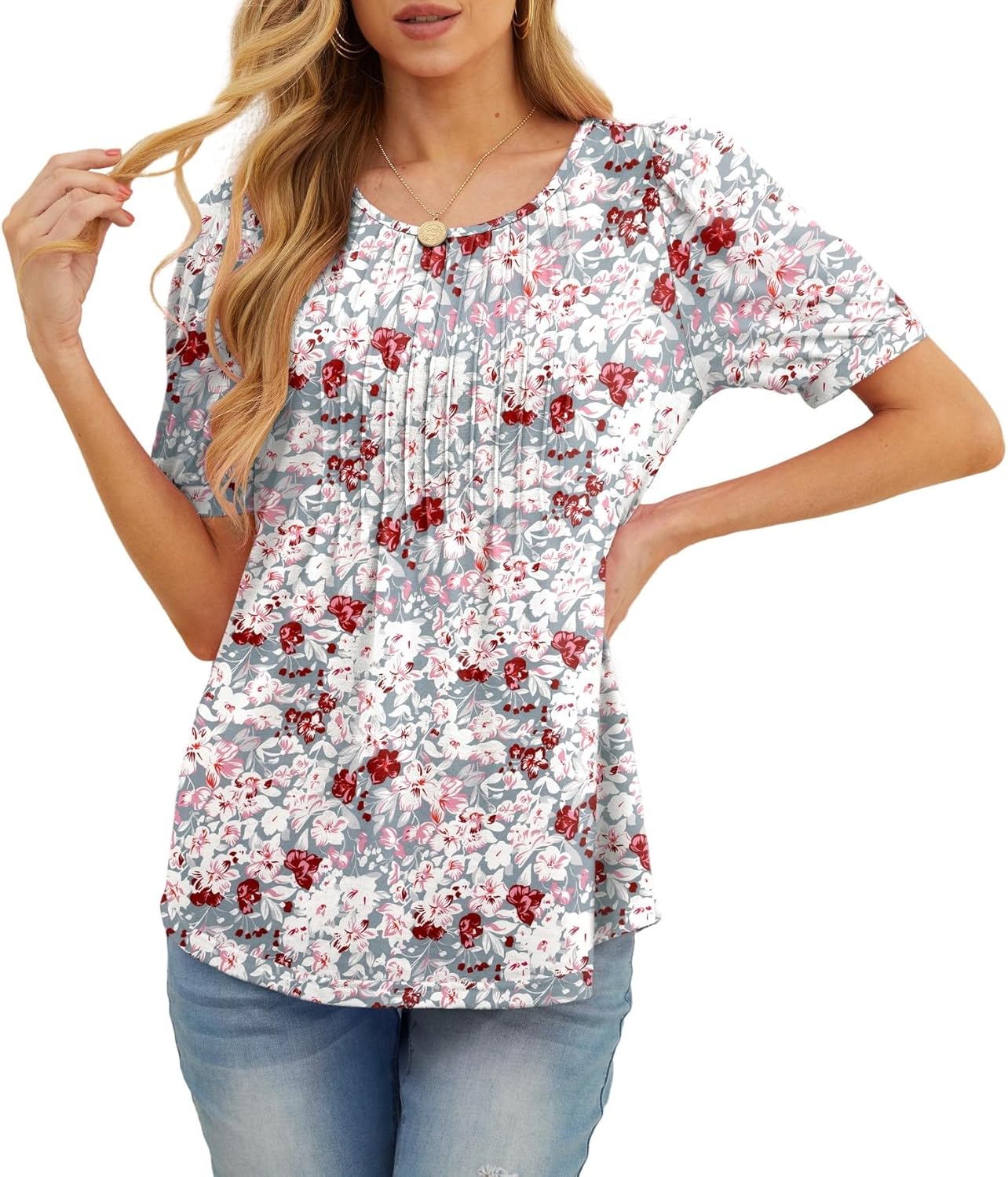 Juliette Blouse Women’s – Flowing Top with Pleats and Short Sleeves