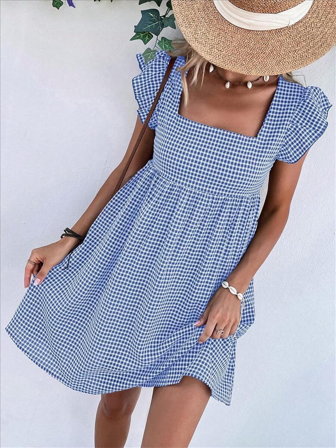 Vestito Lily Donna – Vestito Midi a Quadri con Collo Quadrato, Arricciato, Volant, Linea A, Estivo