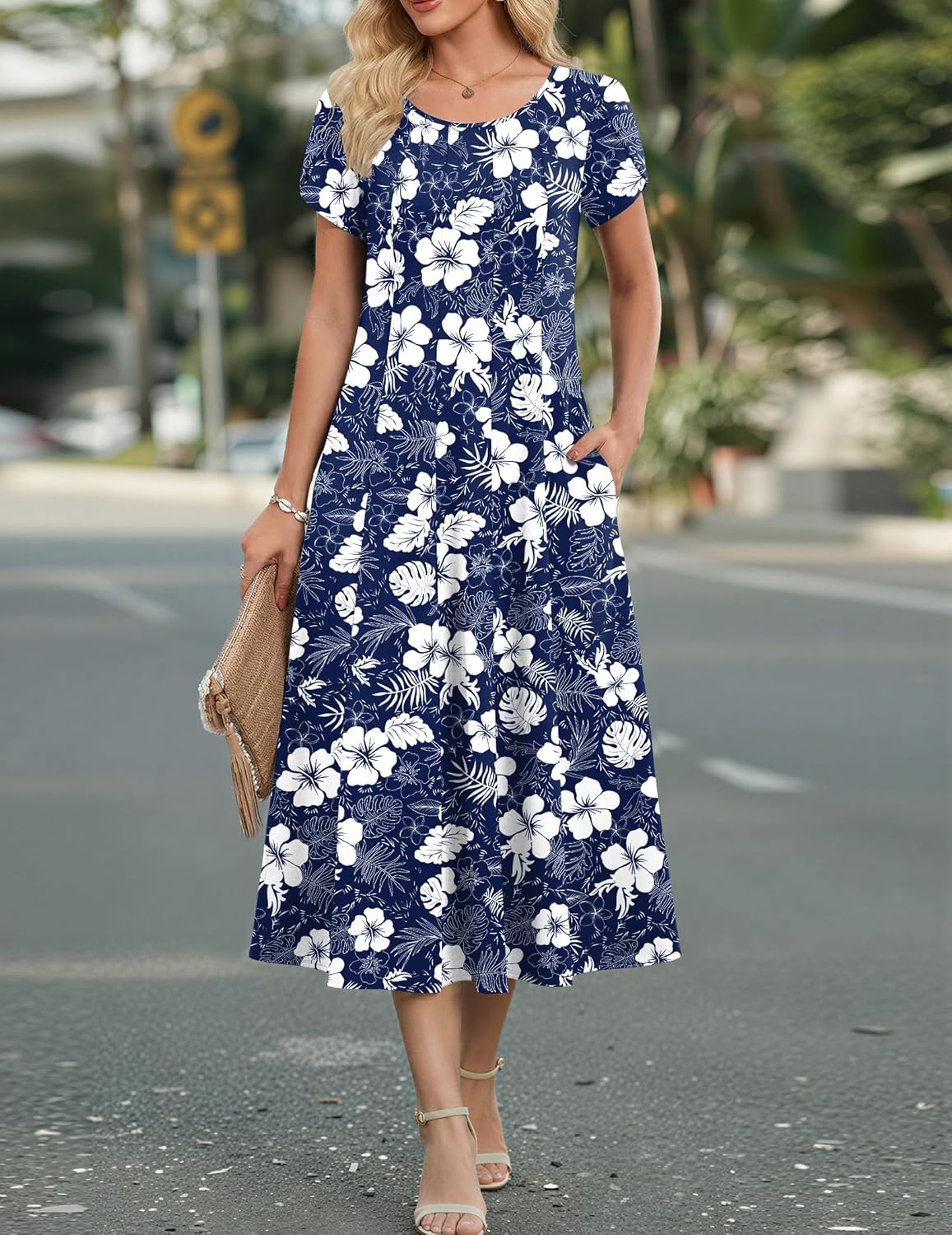 Amyrose Abito Midi A-Line Donna – Abito Estivo Fluido con Maniche a Sbuffo e Tasche