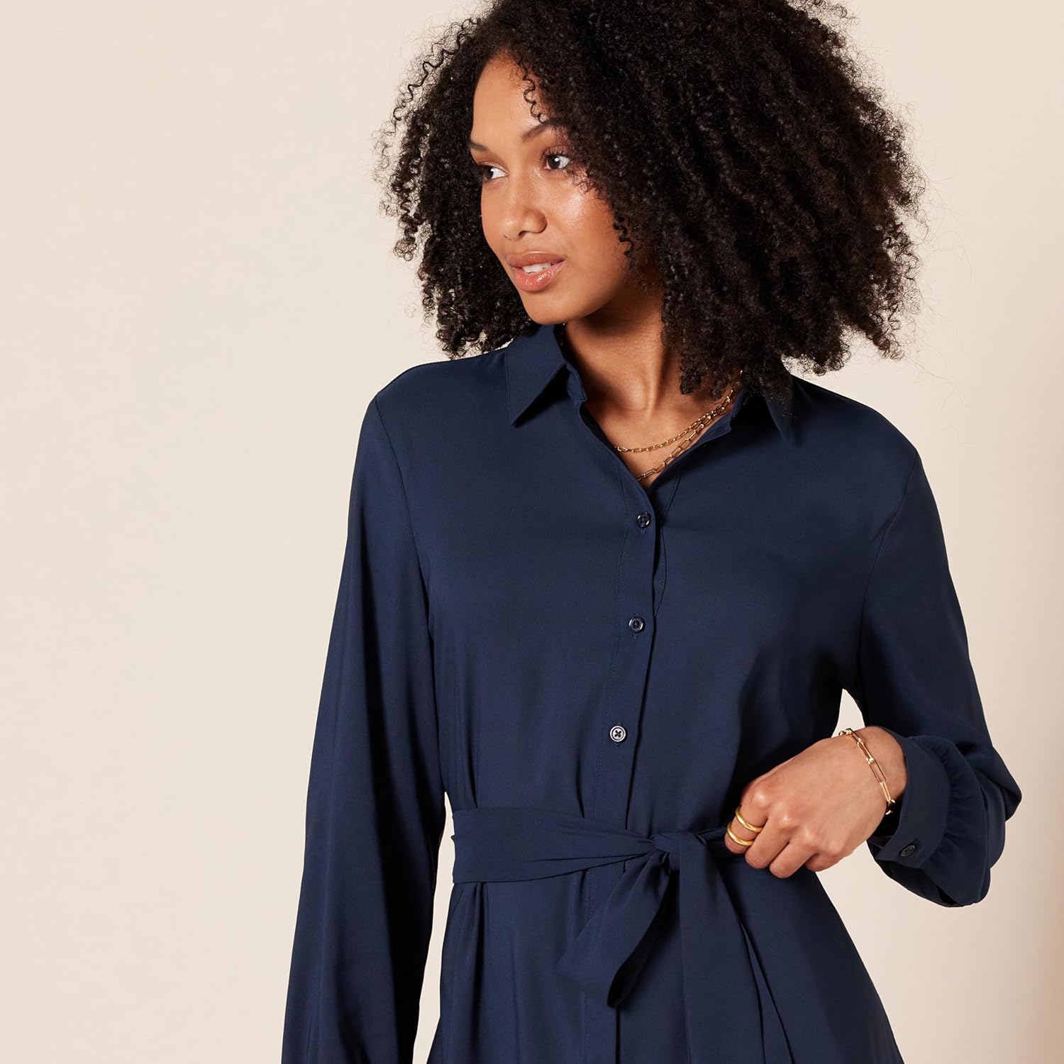 Sophie Robe Chemise Femme Midi – Col Classique, Manches Longues, Ceinture Élégante