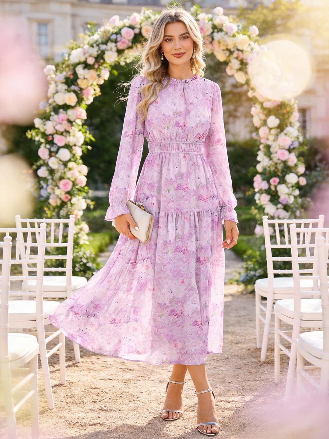Élise Maxikleid Geblümt – Elegantes Chiffon Kleid Langarm Damen