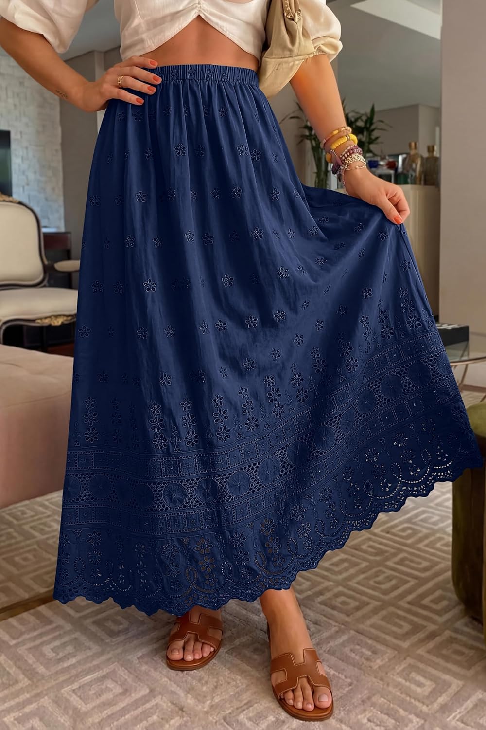 Marie Dowerme Gonna Maxi Donna – Vita Alta Elastico, Cotone Ricamato Boho A-Line