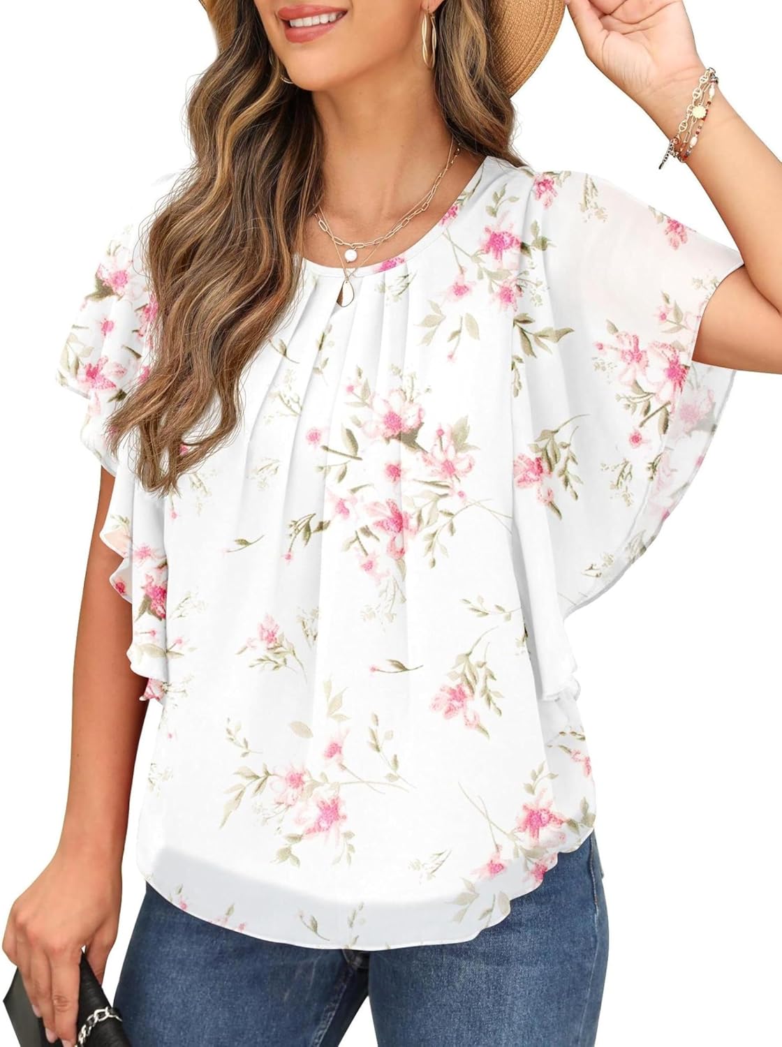 Blusa Conchita Mulher Musselina – Gola Redonda, Mangas Morcego, Corte Amplo Elegante