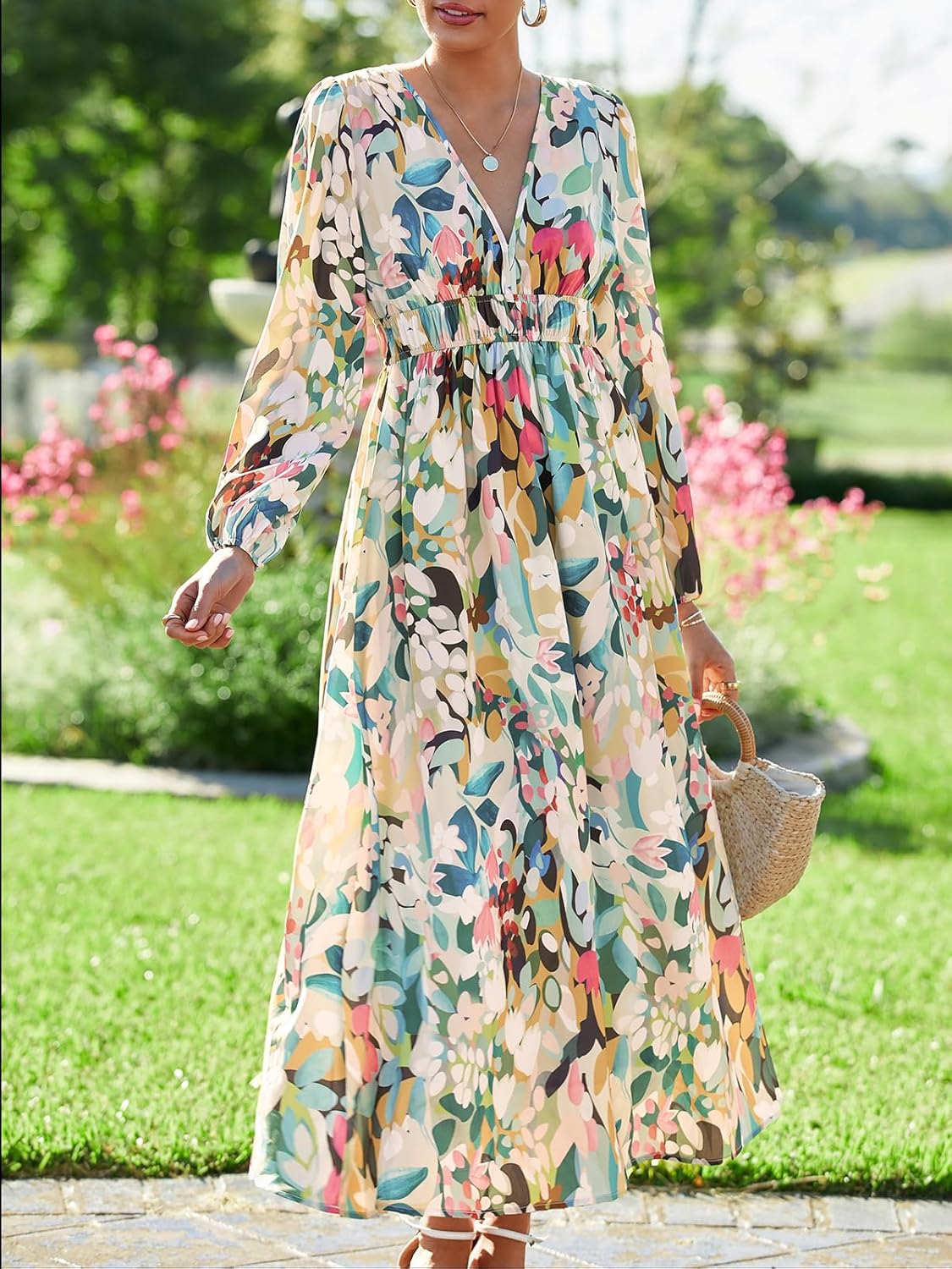Rochie maxi pentru femei Léa cu flori – rochie lungă cu decolteu în V și mâneci lungi, elegantă, de vară