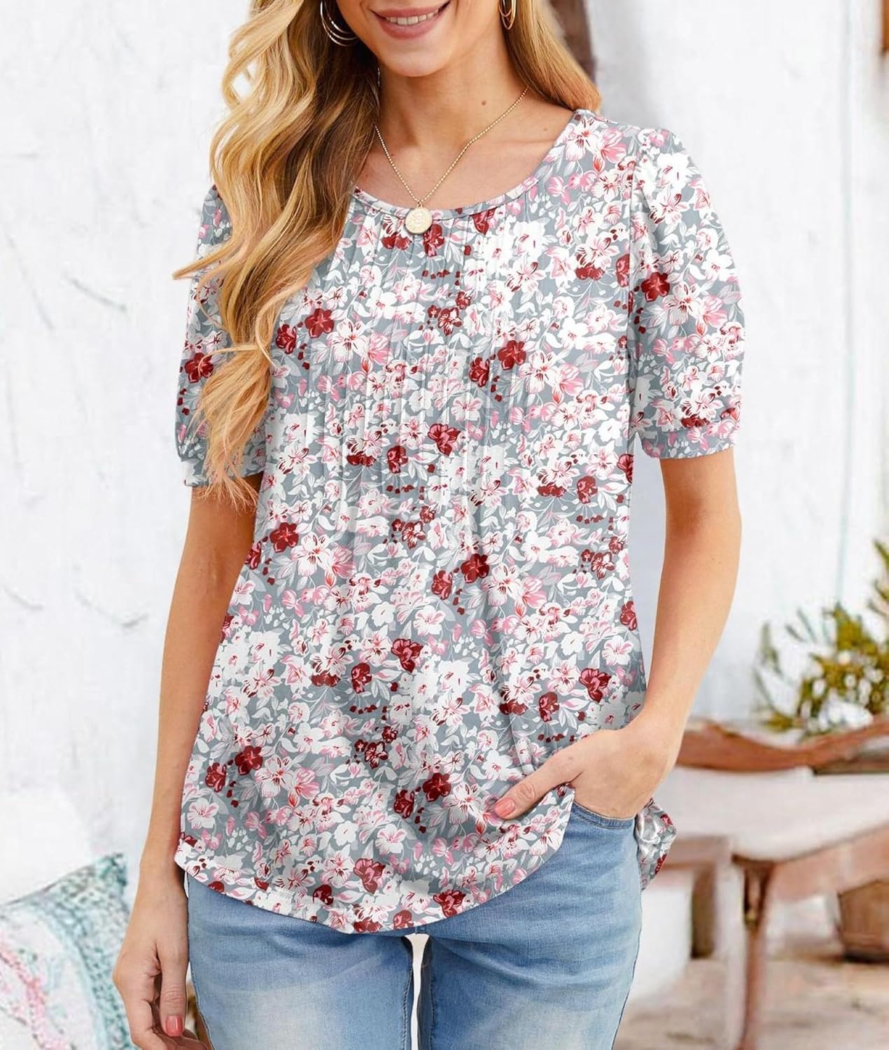 Juliette Blouse Women’s – Flowing Top with Pleats and Short Sleeves