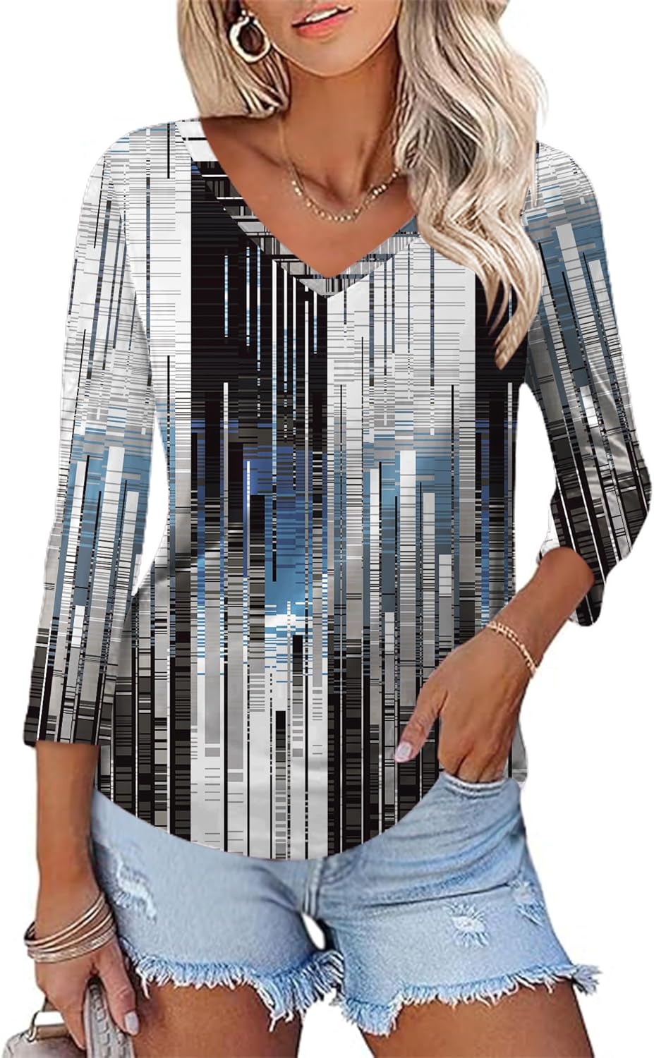 Laura Tuniek Dames – Top V-hals 3/4 Mouwen Elegant Losse Blouse Zomer