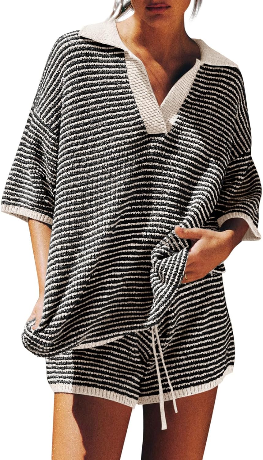 Chloe Women's Lounge Set – Oversized V-Neck Sweater & High-Waisted Shorts