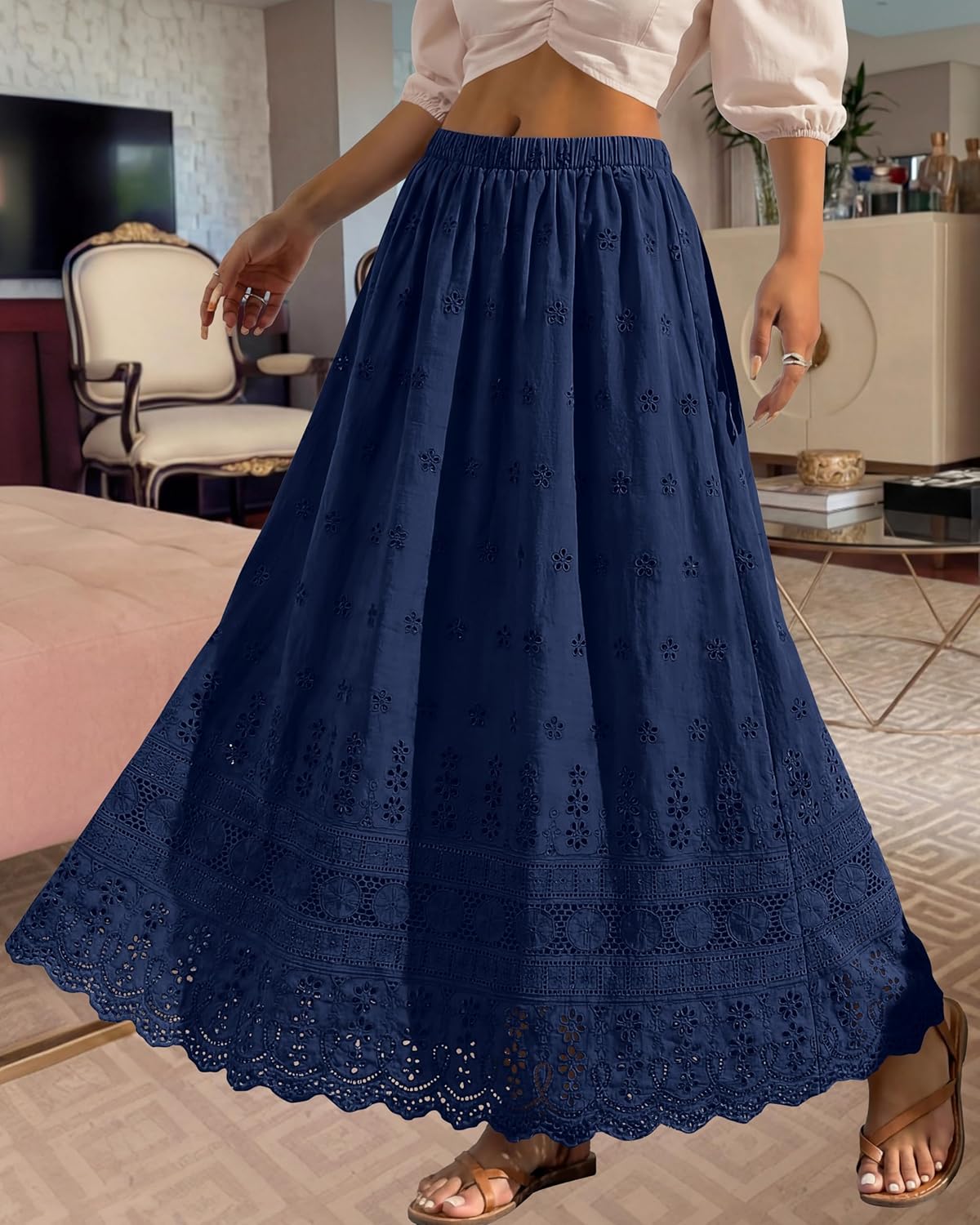 Marie Dowerme Falda Maxi Mujer – Cintura Alta Elástica, Algodón Bordado Bohemio Línea A