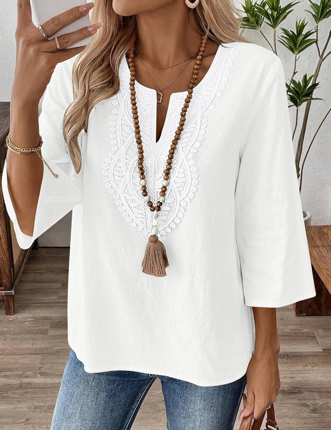 Brenda Damen Bluse Spitze – V-Ausschnitt, 3/4-Ärmel, Weite Passform Baumwolle Leinen Sommer