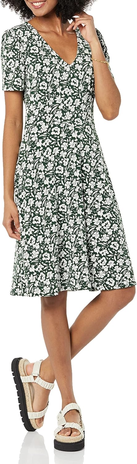 Vestido Sophie para mujer con flores – Vestido de jersey con cuello en V, mangas cortas, corte ajustado y falda acampanada elegante
