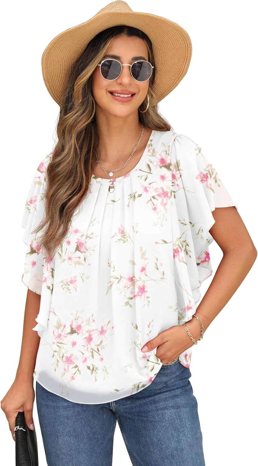 Conchita Blouse Femme Mousseline – Col Rond, Manches Chauve-Souris, Coupe Ample Élégante