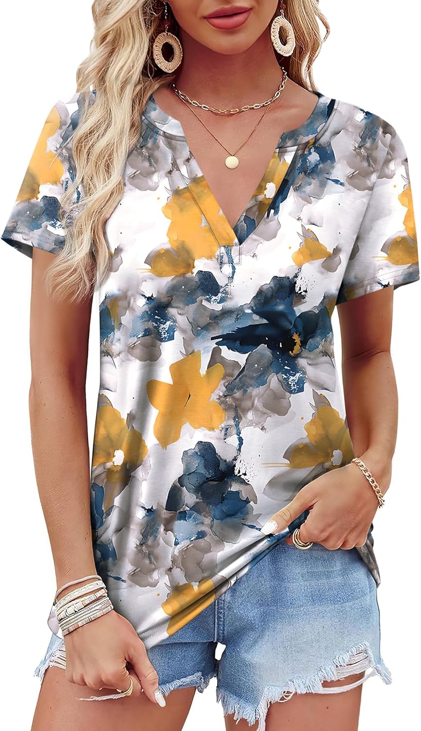 Roberta T-shirt dames V-hals – top met korte mouwen, lichte vloeiende pasvorm casual zomer
