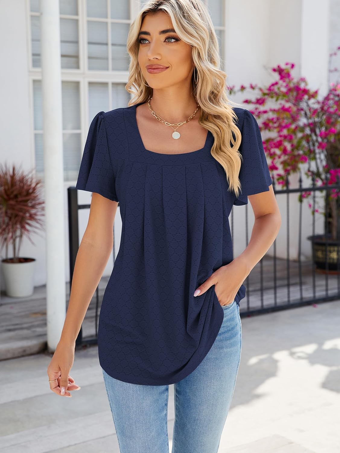 Juliette Women's Top – Square Neck Blouse with Openwork and Ruffled Sleeves