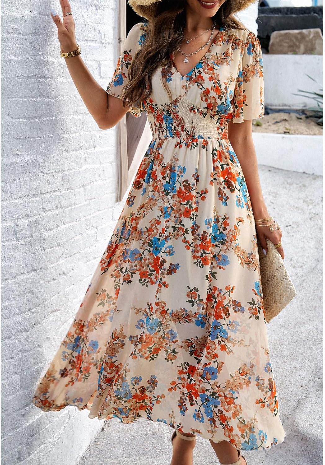 Vestido Dianne para mujer con flores – Cuello en V, mangas cortas, corte fluido, verano casual