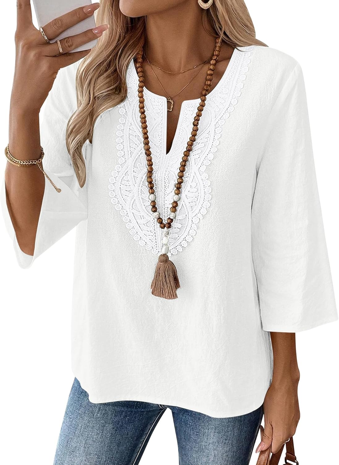 Blusa Brenda Mulher Renda – Decote em V, Mangas 3/4, Corte Largo Algodão Linho Verão