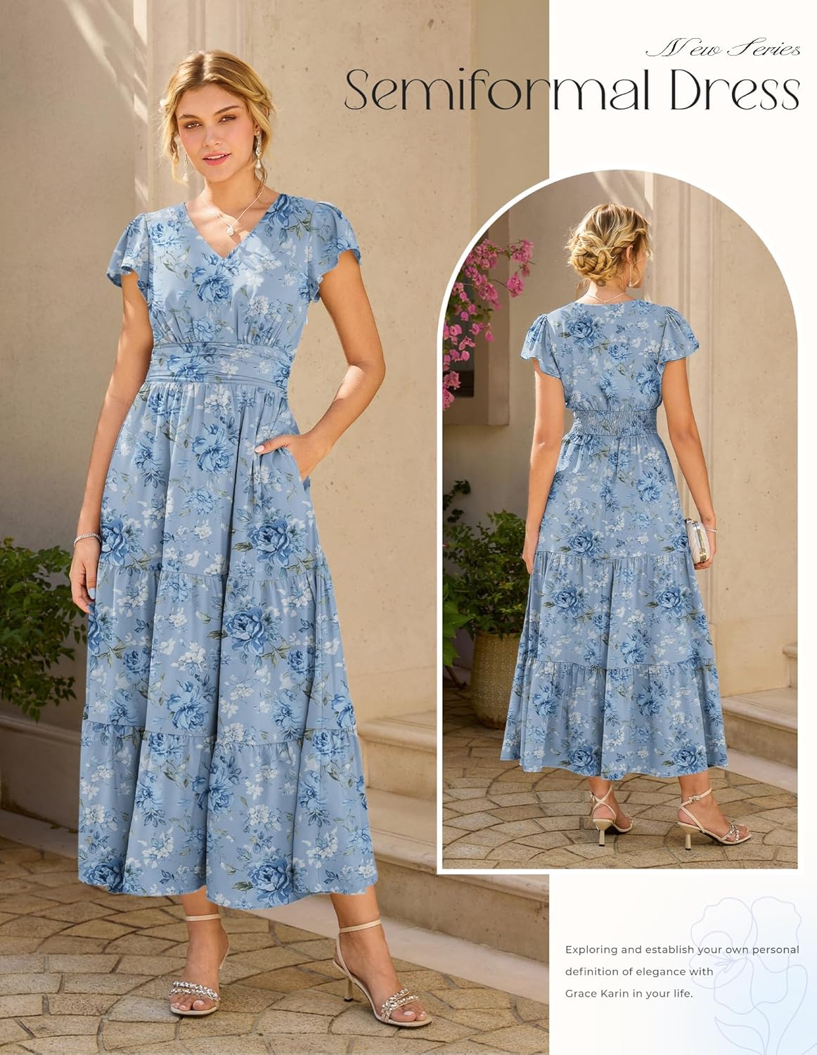 Sophie Women's Midi Floral Dress – V-Neck, Ruffle Sleeves, Fitted Waist, Pockets