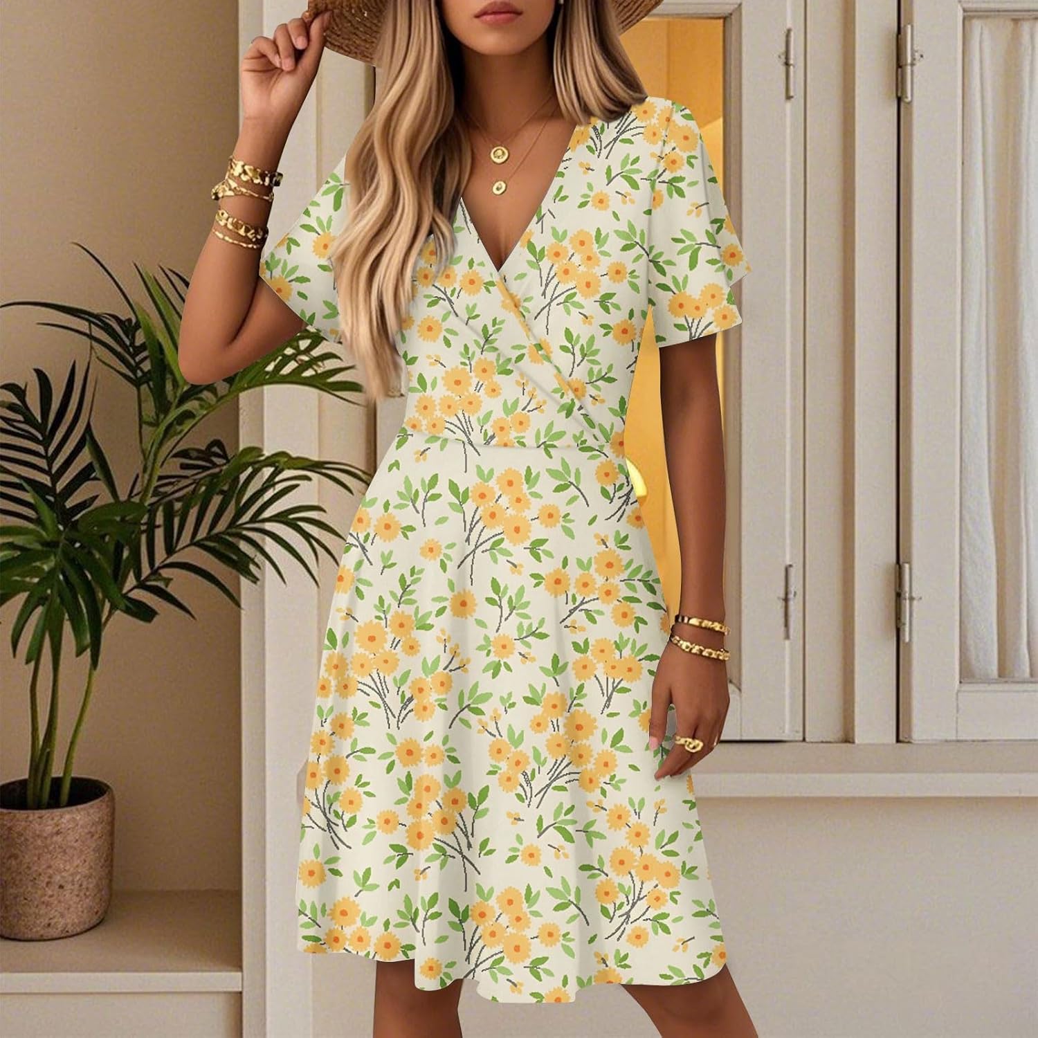 Vestido Boémio Léonie para Mulher – Vestido Evasê com Decote em V e Folhos Elegantes