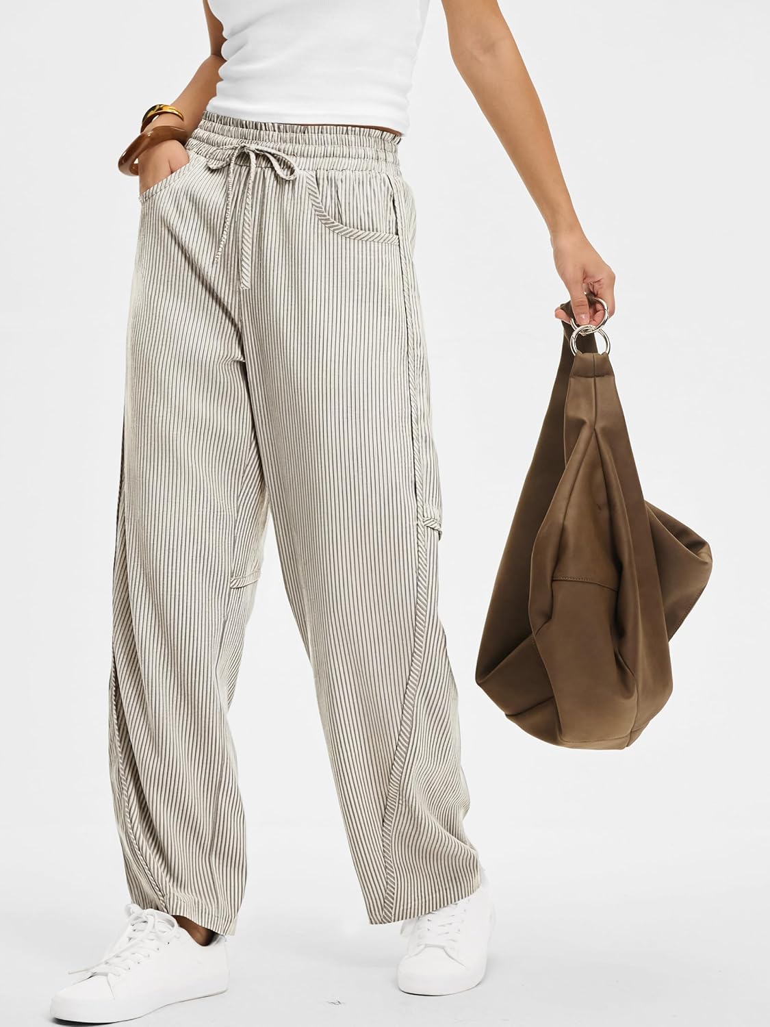 Calças Kim Mulher Risca de Giz Barril – Corte Largo, Cintura Elástica, Estilo Casual