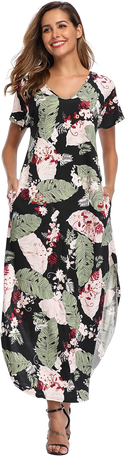 Sophie Robe Maxi Femme – Robe Fleurie Fendue Manches Courtes Avec Poches Été
