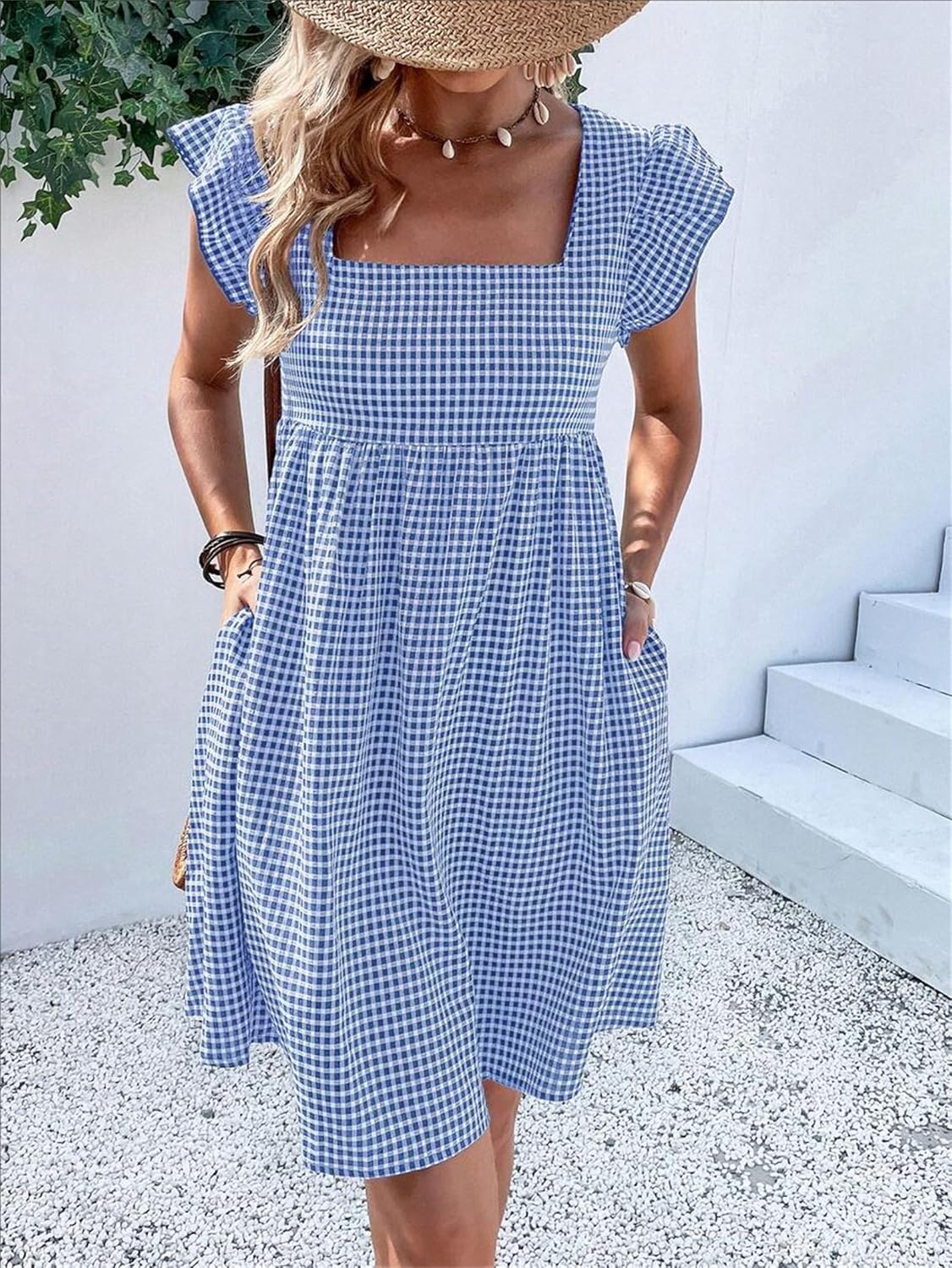 Vestito Lily Donna – Vestito Midi a Quadri con Collo Quadrato, Arricciato, Volant, Linea A, Estivo