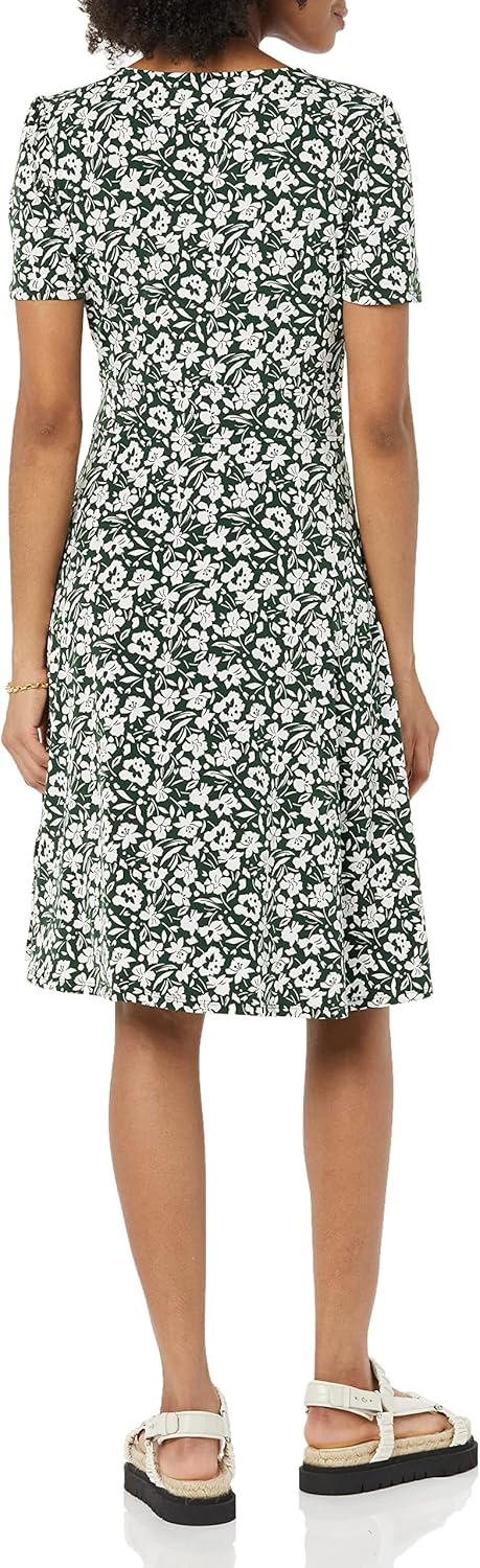 Vestido Sophie para mujer con flores – Vestido de jersey con cuello en V, mangas cortas, corte ajustado y falda acampanada elegante