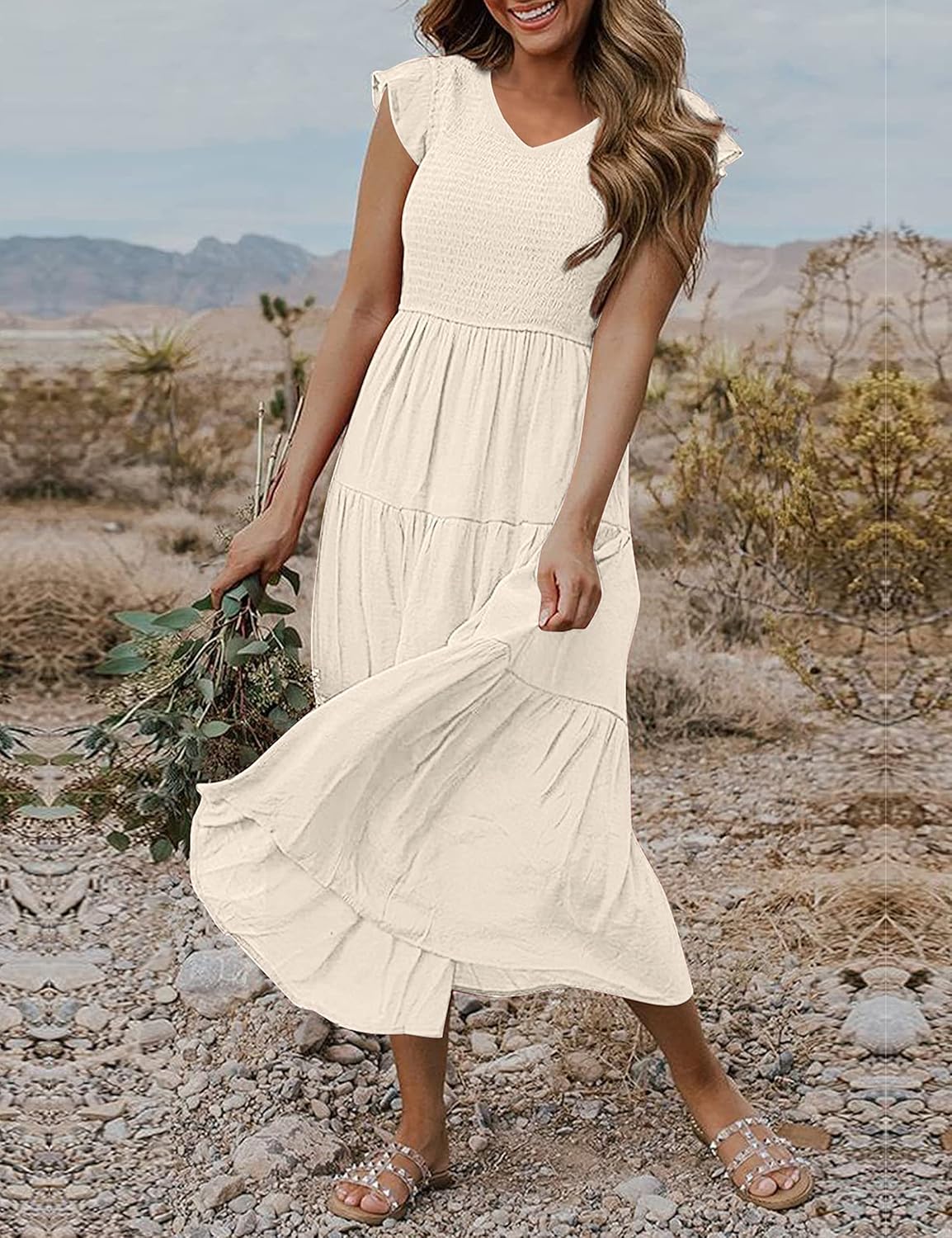 Clara Robe Midi Femme – Robe Été Col V Smockée Volants Avec Poches Élégante