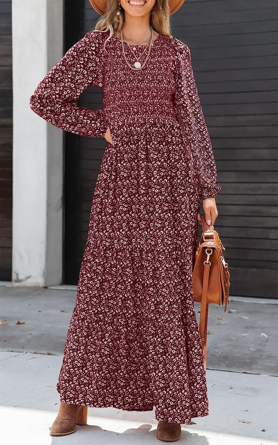 Sophie Women's Maxi Dress – Floral Smocked Dress with Long Sleeves, Elegant Bohemian Style