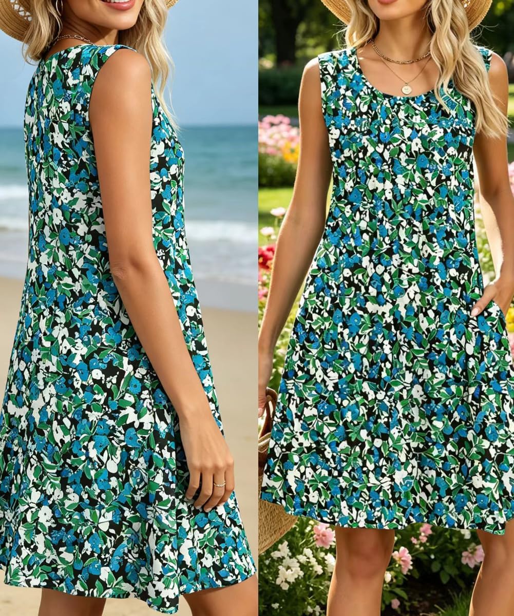 Élise Midikleid Damen – Blumiges ärmelloses Kleid mit Rundhalsausschnitt und Taschen für den Sommer