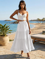 Edith Jupe Maxi Damen – Boho-Rock aus Baumwolle, Häkelspitze & Volants