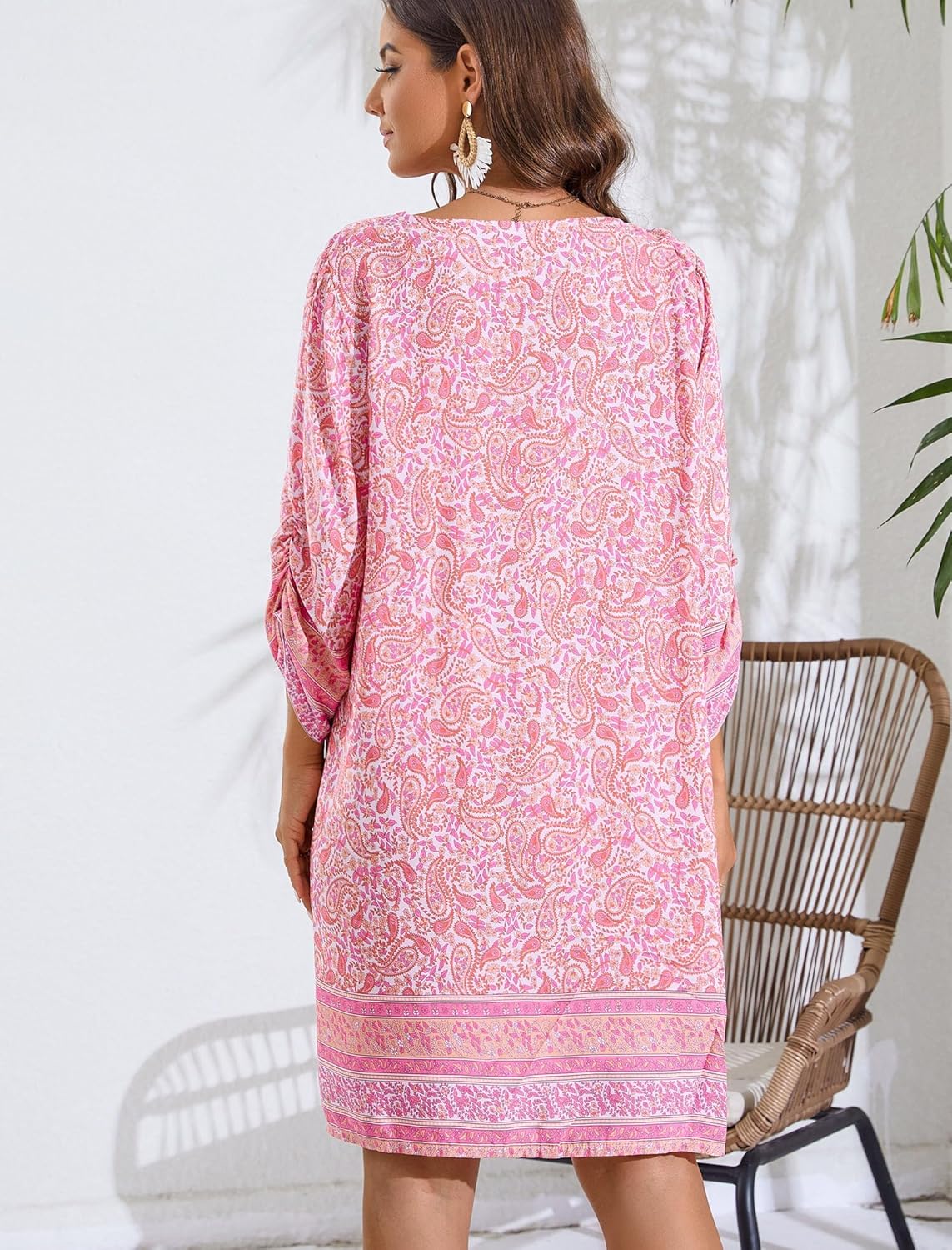 Léa Boho-Kleid für Damen – Blumenkleid mit 3/4-Ärmeln, fließender Schnitt, schick für den Sommer